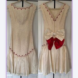 Vintage White Red Lace Double Bow Drop Waist Mermaid Hem Bow Formal Dress Prom